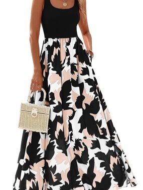 Floral Maxi Skirt with Black Tank Waistband - Black & Blush